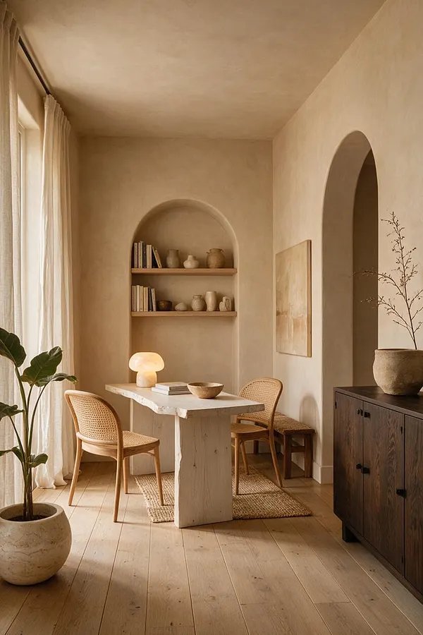 A serene studio apartment corner in organic modern style features plaster walls, a curved built-in bookshelf niche, a sculptural stone table, and woven cane chairs. Soft linen curtains filter daylight from the left, while a dark wood sideboard, ceramic decor, and neutral earth tones create a calm, natural atmosphere.