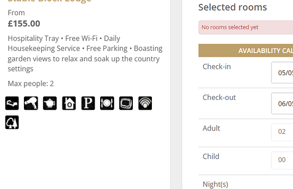 The image displays a room listing interface for a lodging option called 'Stable Block Lodge'.