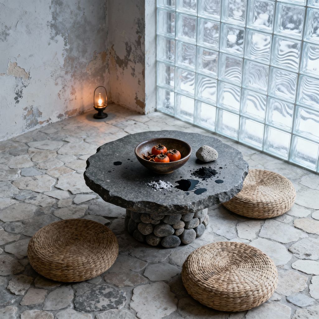 A Wabi-Sabi dining corner with a low, rough-edged stone table set on stacked river stones, encircled by four flat woven straw cushions on an irregular pale stone floor. On the tabletop sits a wooden bowl of persimmons, a small porous rock, and scattered salt and dark ink-like marks. A glass-block window diffuses cool daylight from snowy outdoors, while a single candle lantern glows softly against a weathered, peeling plaster wall.