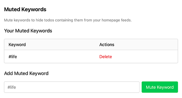 Webpage screenshot of wip.co settings for managing life updates muting.