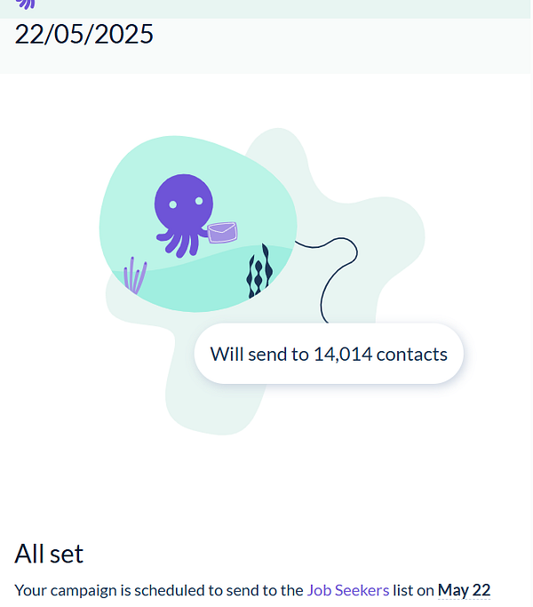 A digital interface displaying a scheduled newsletter campaign for job seekers.
