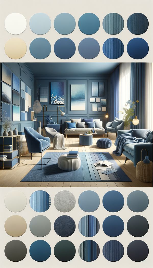 a mood board showing various tones of the color blue, ranging from light to dark, demonstrating how they might be used in an interior design setting