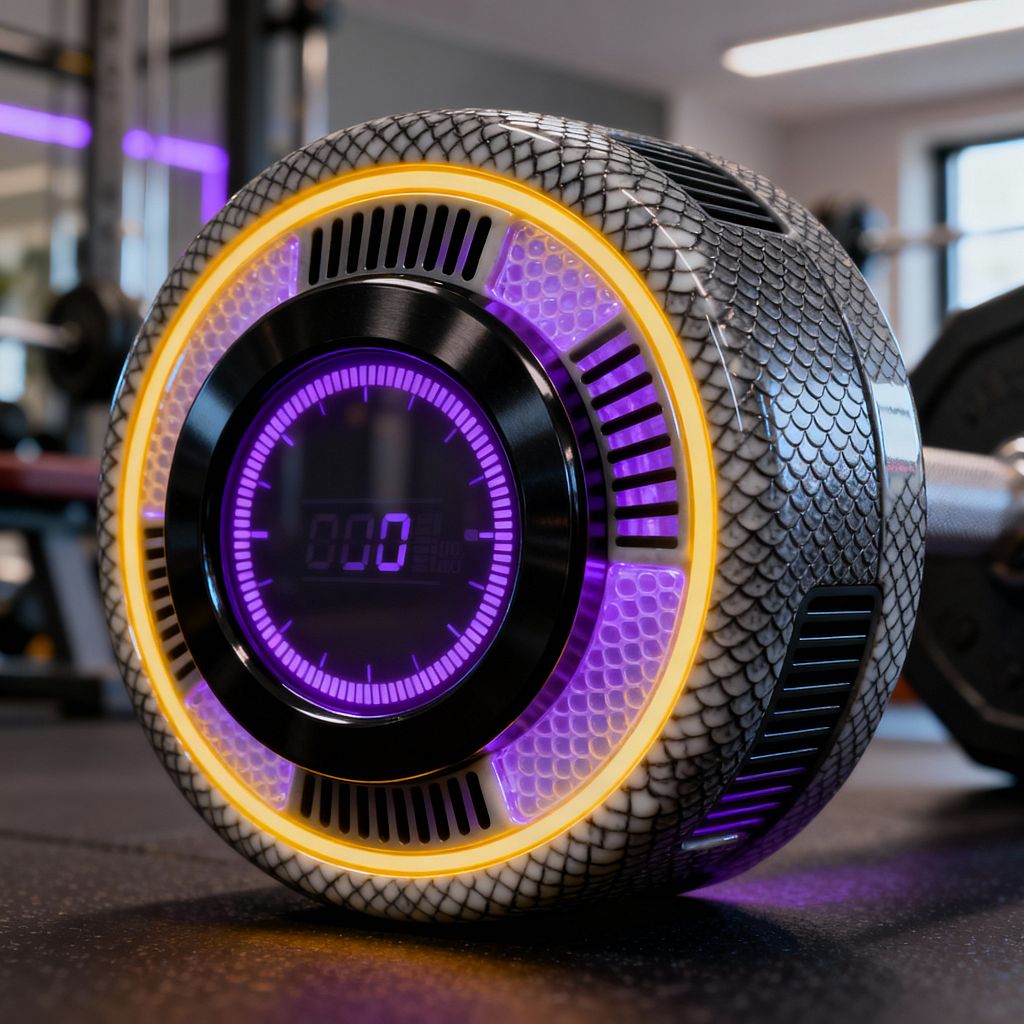 A close-up of a futuristic dumbbell end with a circular digital display reading 000, ringed by neon purple and amber LEDs. The weight features a gunmetal gray, scale-textured composite shell with black vent slits and glossy black trim, resting on black rubber flooring. In the softly blurred background, a squat rack and bench sit under linear ceiling lights and violet strip lighting, with a window bringing in daylight that reflects on the equipment’s surfaces.