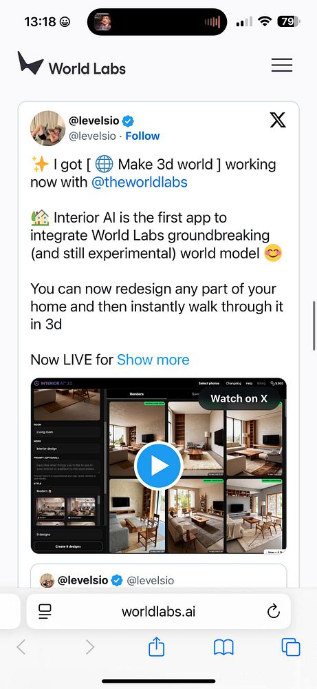 A mobile interface displaying a tweet about the Interior AI app and its integration with World Labs.