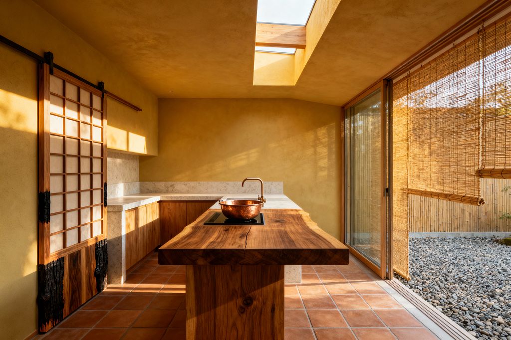 A serene Japanese-inspired kitchen features a central live-edge wood island with an induction cooktop and a minimal brass tap, surrounded by L-shaped wood cabinetry with pale stone counters. Warm ochre plaster walls, terracotta tiles, a skylight, a sliding shoji door with charred wood detail, and floor-to-ceiling glass with bamboo blinds open to a pebble rock garden and bamboo fence, bathing the room in soft natural light.