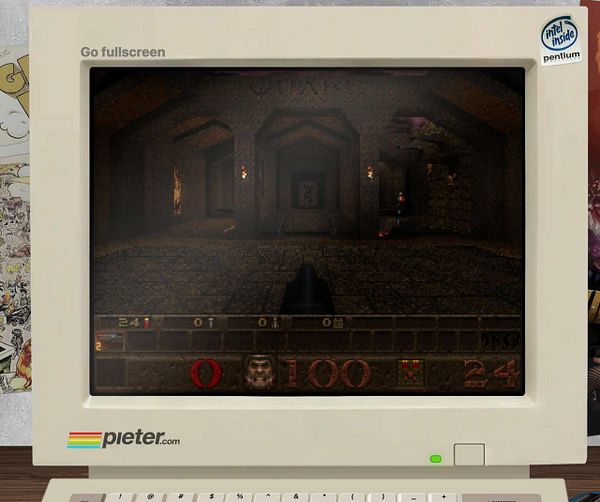 A retro computer screen displays a first-person shooter game interface.