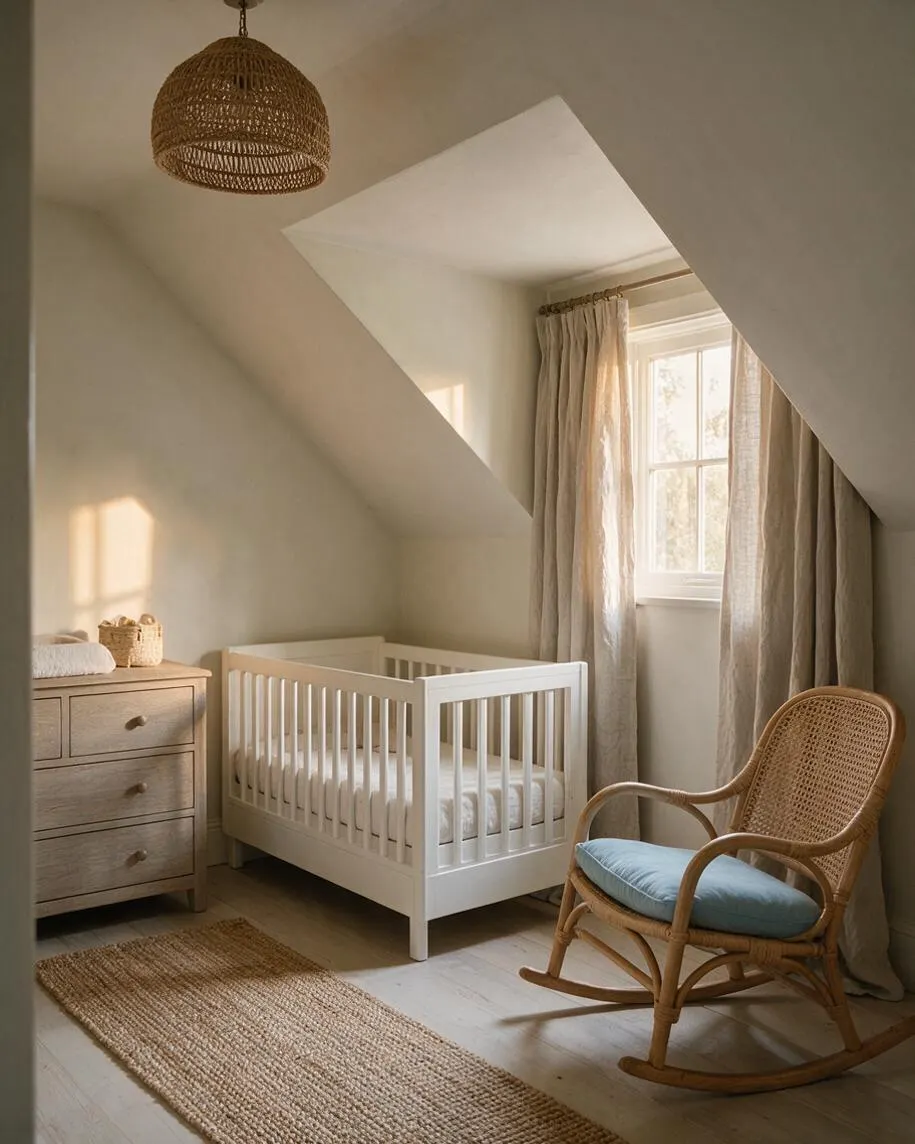 A serene nursery with a white crib, a light wood dresser, and a woven rattan rocking chair with a pale blue cushion. Beige linen curtains frame a sunlit window, while a woven pendant light and natural jute rug add coastal texture to the softly sloped room.