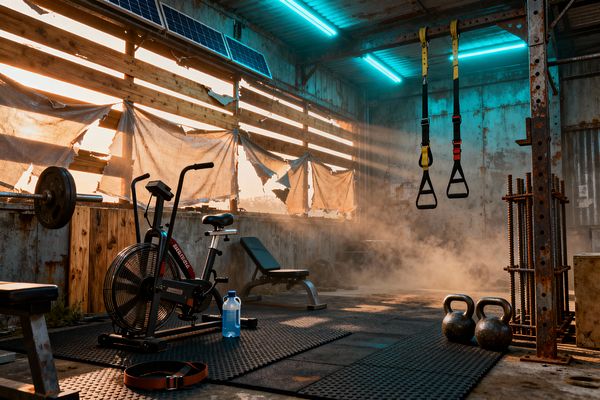 A rugged home gym occupies a weathered metal shed with rusted columns, corrugated walls, and torn canvas fixed to horizontal wooden slats. Cyan strip lights and warm sunset rays cut through dust over black rubber mats, framing an air bike, adjustable bench, kettlebells, hanging suspension straps, stacked rebar, a barbell plate, a lifting belt, and a blue water jug, while roofline solar panels suggest off-grid power.