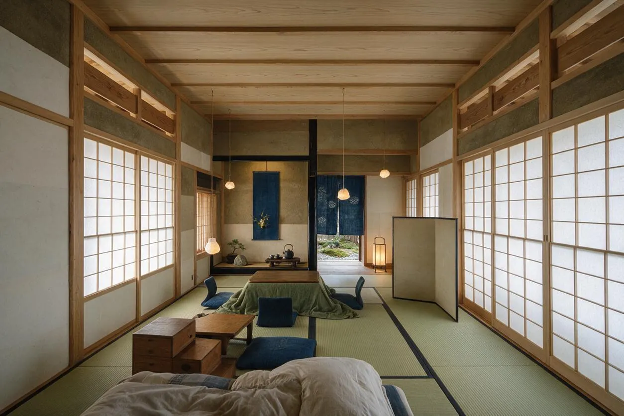 A Japanese Zen master bedroom with tatami mat flooring, shoji paper screens on both sides, and warm wood framing throughout. The room includes low cushions and a low table with dark blue accents, creating a calm, minimalist atmosphere.