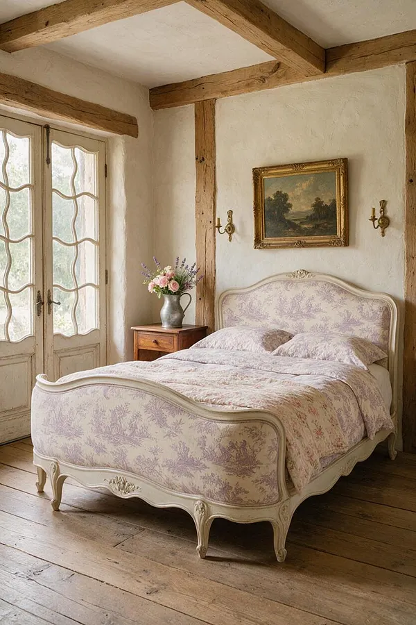 A cozy French Country guest bedroom with a carved vintage-style bed upholstered in pale lavender toile fabric, matching bedding, and cream-painted wood trim. The room features exposed timber beams, textured white plaster walls, a rustic wooden nightstand with a metal vase of flowers, a framed landscape painting, and tall French doors with decorative glass panes.
