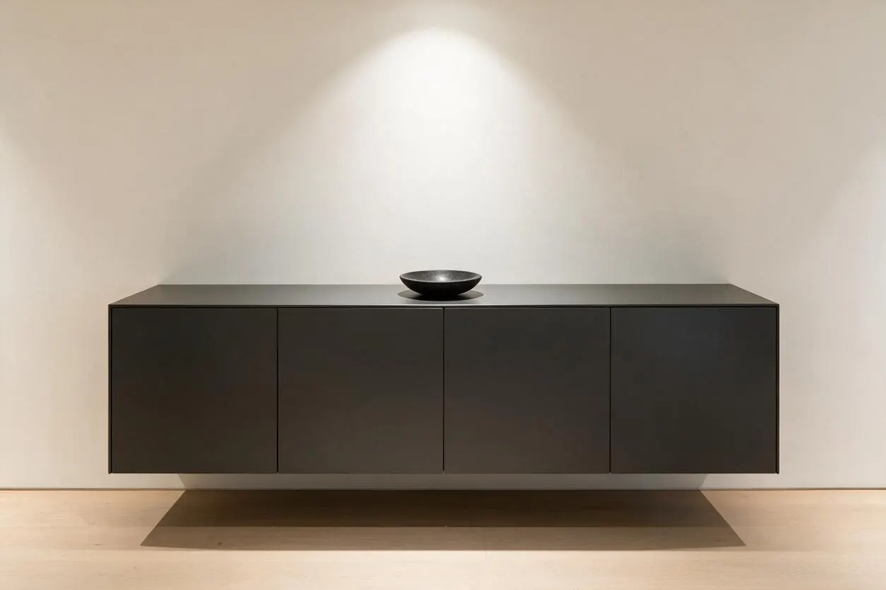 A minimalist interior vignette with a floating dark charcoal cabinet mounted against a warm white wall, centered beneath a soft spotlight. A small black bowl sits on top, and the pale wood floor and subtle shadowing emphasize the clean, sculptural composition.