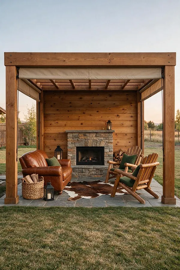A rustic backyard seating area beneath a wood pergola features a stone fireplace centered against horizontal cedar paneling. A leather lounge chair, two wooden armchairs with green cushions, lanterns, a woven basket, and a cowhide rug create a warm outdoor retreat.