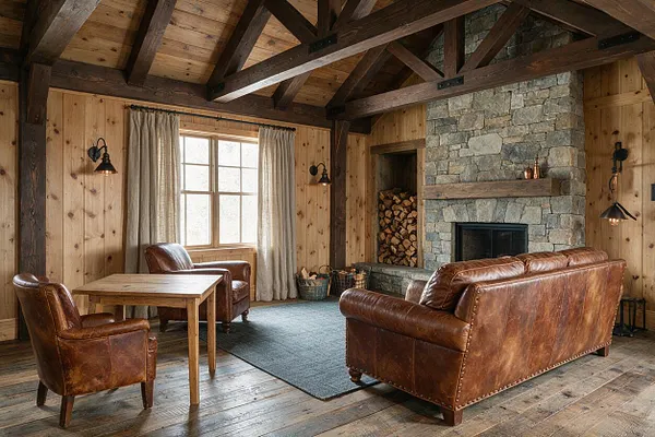 A rustic game room with wood-paneled walls, exposed timber beams, and a stone fireplace centered on the far wall. Brown leather seating, a small wooden table, and a gray area rug create a warm, lodge-like gathering space with natural textures and soft wall sconces.