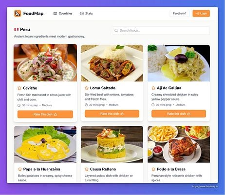 The image displays a FoodMap interface showcasing various Peruvian dishes.