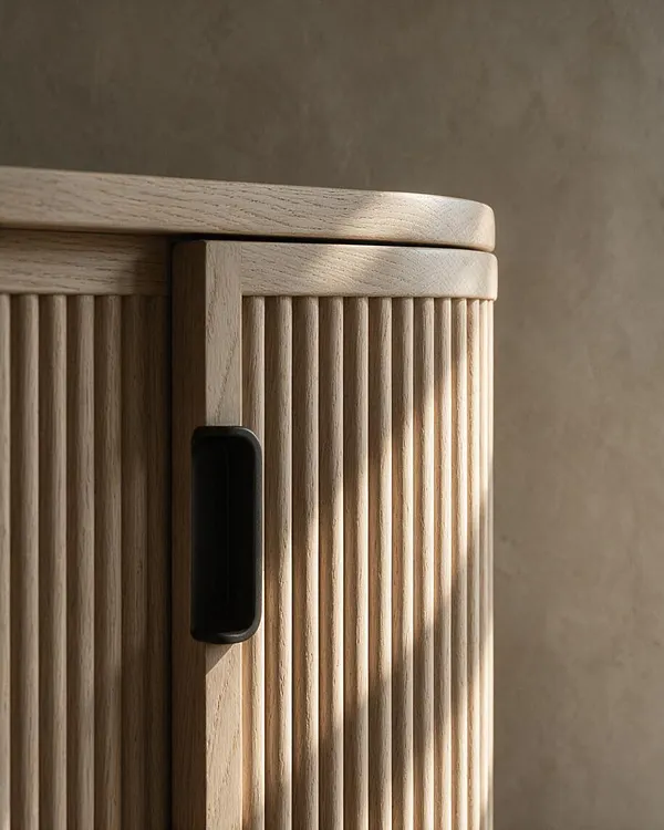 A close-up of a light oak cabinet with vertical fluted detailing on the doors, rounded top edges, and a matte black recessed handle. Warm sunlight highlights the wood grain against a soft neutral wall.