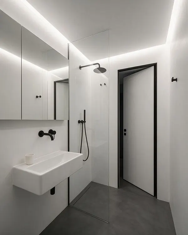 A compact minimalist master bathroom with white walls, a floating white sink, and a large mirrored cabinet on the left. A clear glass shower partition stands in the center, with a black rainfall showerhead and matte black fixtures contrasting against the pale surfaces and dark gray floor.