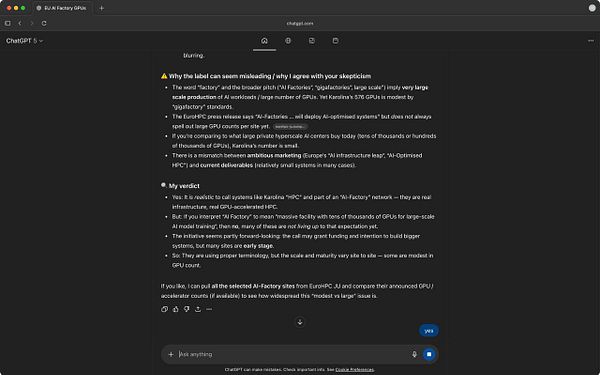 The image displays a ChatGPT interface discussing the EU's AI Factory plan and its implications.