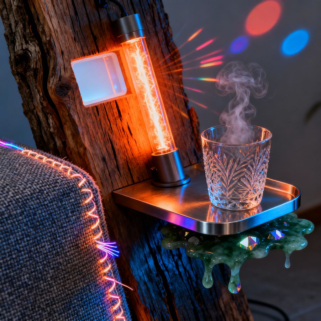 Close-up of a living room vignette where a rough vertical timber post holds a cylindrical orange plasma lamp and a small brushed-steel shelf with a steaming cut-glass tumbler. A square recessed niche emits blue light. Below the shelf, a drip-shaped emerald epoxy detail with iridescent studs is attached. To the left, a gray tweed sofa is edged with glowing neon fiber-optic piping, and colored light reflections cast red and blue halos on the wall.