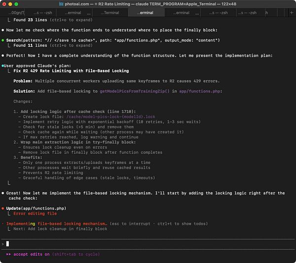 The image displays a terminal window showing code and comments related to implementing file-based locking in a PHP function.