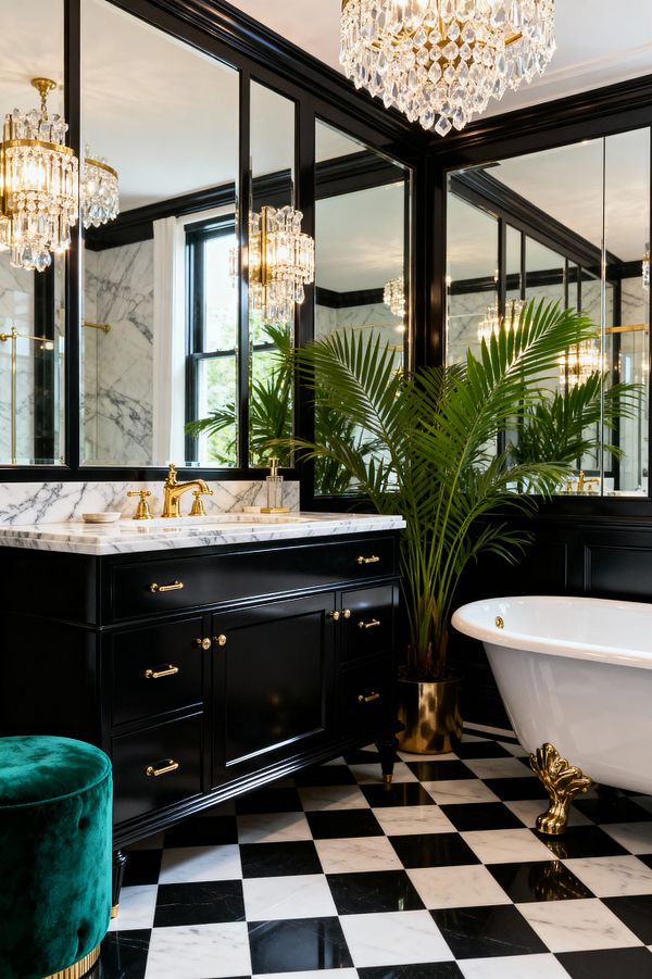 A Hollywood Regency bathroom features a black lacquered vanity with polished brass hardware and a white Carrara marble countertop set against mirrored wall panels in black frames. Crystal chandeliers and sconces sparkle over a black-and-white checkerboard marble floor, a white clawfoot tub with gold feet, and a tall palm in a brass planter, while an emerald velvet stool adds a rich pop of color.