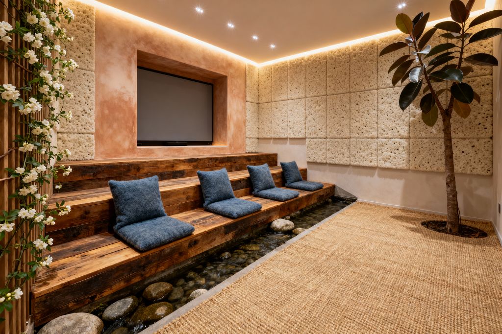 A biophilic media room features tiered benches made of dark reclaimed wood facing a recessed flat-screen. A narrow indoor stream with rounded river stones runs along the base of the seating. Four deep blue cushions rest on the steps. Walls mix terracotta-toned plaster with square, textured cream panels. Warm cove lighting and small ceiling spots brighten the room. A large rubber tree rises from a cutout in the jute rug, and a wood trellis with white flowers edges one side.