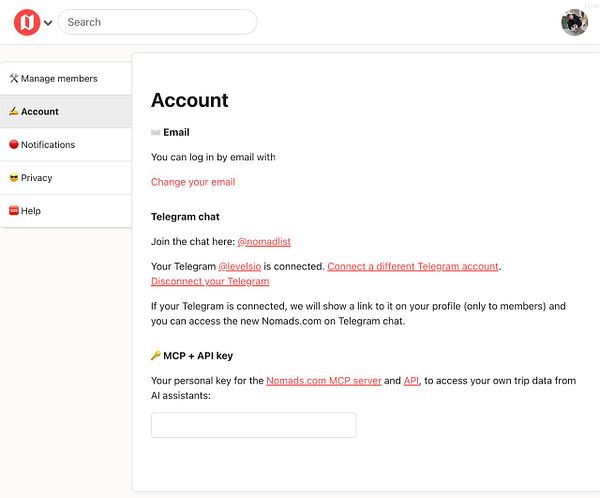 Screenshot of a Nomads account settings page with sections to configure an API key and add a new key, showing user Marc's email and an error message for the MCP key field.