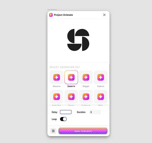 The image displays a user interface for the 'Project Animate' plugin in Figma, featuring animation options and settings.
