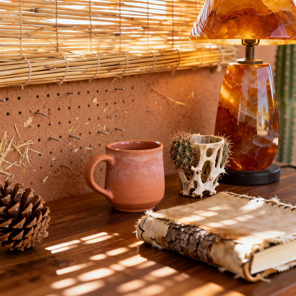 A close-up of a Southwestern home office desk shows a dark wood surface against an earthen plaster pegboard speckled with straw, beneath bamboo reed blinds casting striped sunlight. On the desk are an amber onyx lamp with brass fittings, a terracotta mug, a small cactus in a cholla wood holder, a rawhide-covered journal with bark edging, and pinecones, creating a warm palette of terracotta, amber, and sandy neutrals.