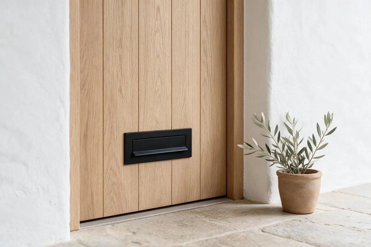 A close-up of a Scandinavian-style exterior entryway featuring a vertical oak door with a matte black mail slot, set within smooth white stucco walls. A small terracotta pot with olive-like branches sits on the stone floor beside the doorway.