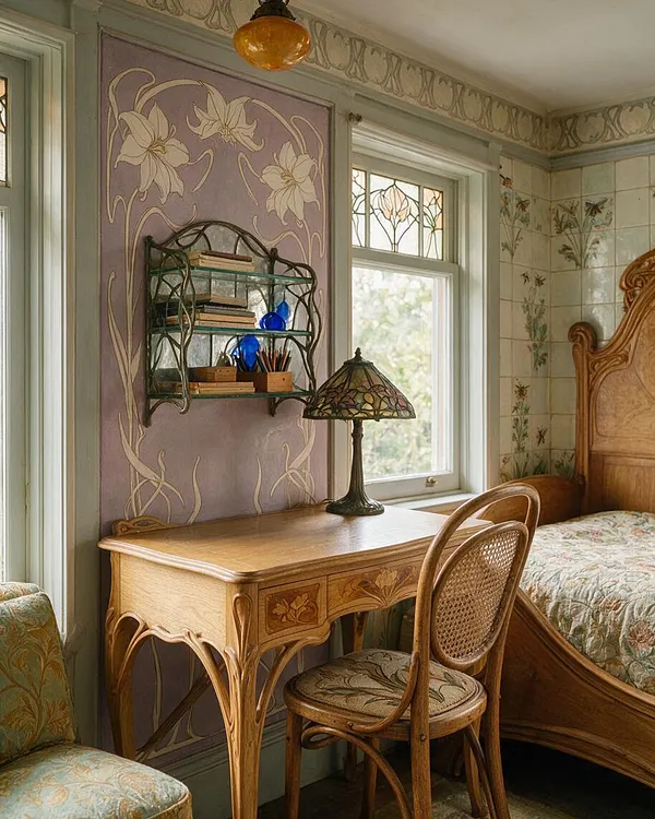 A charming kids' room with Art Nouveau details, featuring a carved wooden desk, bentwood chair, floral upholstered bed, and stained-glass-style lamp. Soft lavender wall panels with large flower motifs, botanical wallpaper, and pastel glass windows create a warm, whimsical atmosphere.