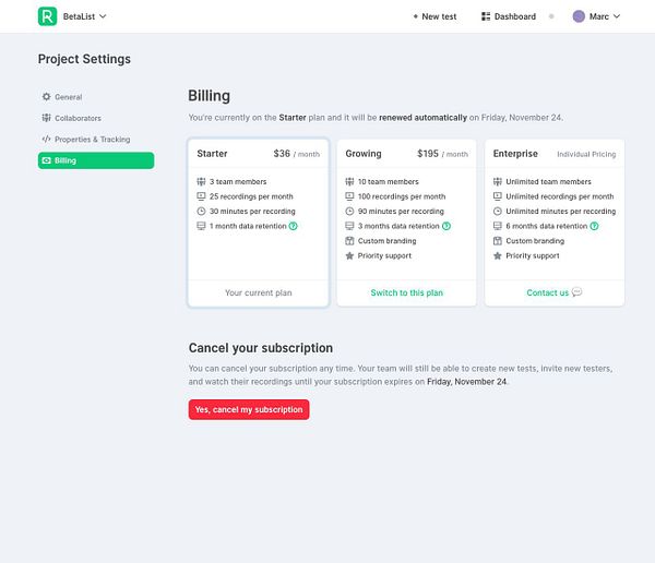 The image shows a billing plan selection screen for a project management service.