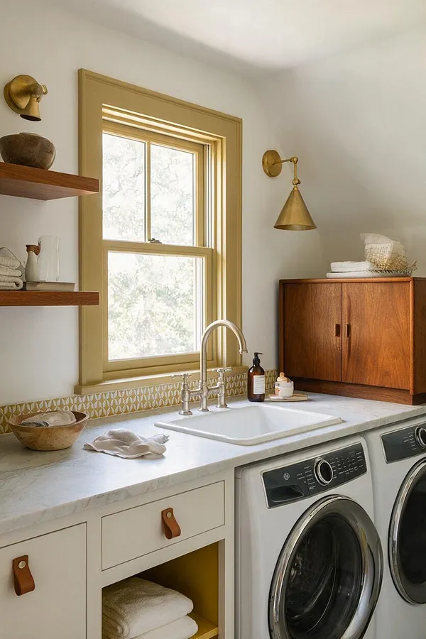 A bright eclectic laundry room with a marble countertop, front-loading washer and dryer, a central sink with brass faucet, warm wood cabinetry, and brass wall sconces. Open wood shelves, a patterned tile backsplash, and a window with a painted trim add charm and texture.