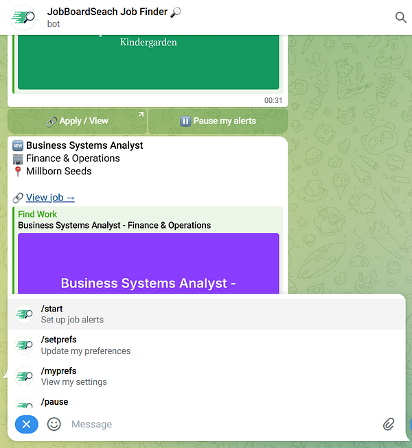 Screenshot of a Telegram chat showing a conversation with a JOBS Bot responding to a user inquiry about remote programming roles.