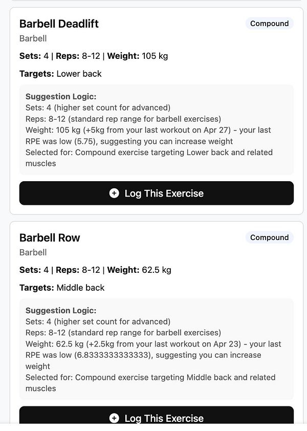 The image displays a workout suggestion interface for barbell exercises, specifically the Barbell Deadlift and Barbell Row.