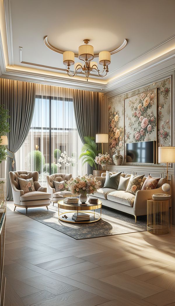 An elegant living room with floral wallpaper accentuating one wall, complementing the soft furnishings adorned with various floral patterns in a harmonious color scheme.