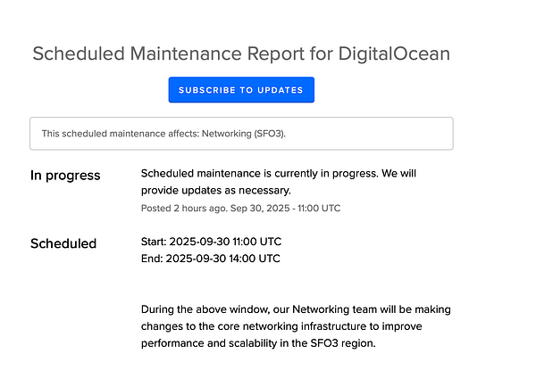 The image displays a scheduled maintenance report for DigitalOcean, indicating ongoing maintenance affecting networking services.