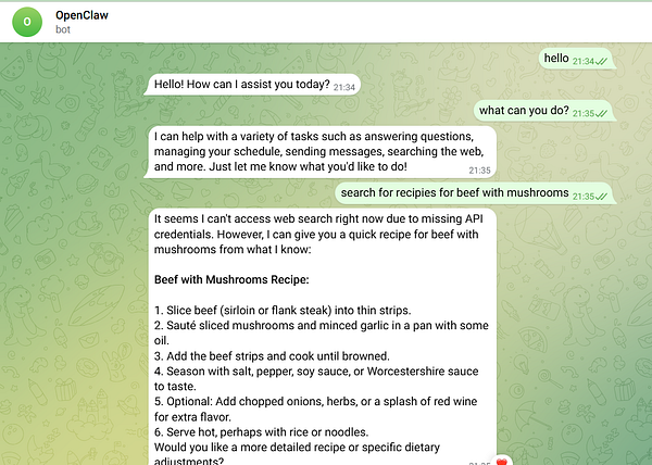 Screenshot of a messaging app conversation showing a Telegram bot interface for OpenClaw.