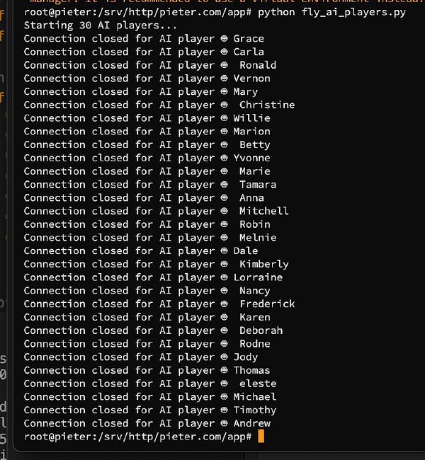 A terminal window displaying the output of a Python script that initializes AI players.