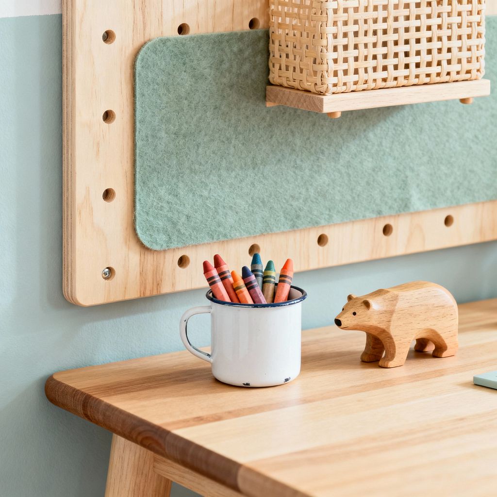 A close-up of a Scandinavian kids’ craft station shows a light wood pegboard with rounded corners and a sage felt panel, paired with a small woven rattan shelf. In front sits a blonde wood desk with a rounded edge, a white enamel mug filled with crayons, and a small carved wooden bear. The wall is painted a pale mint, creating a calm, natural setting with simple, tactile materials.