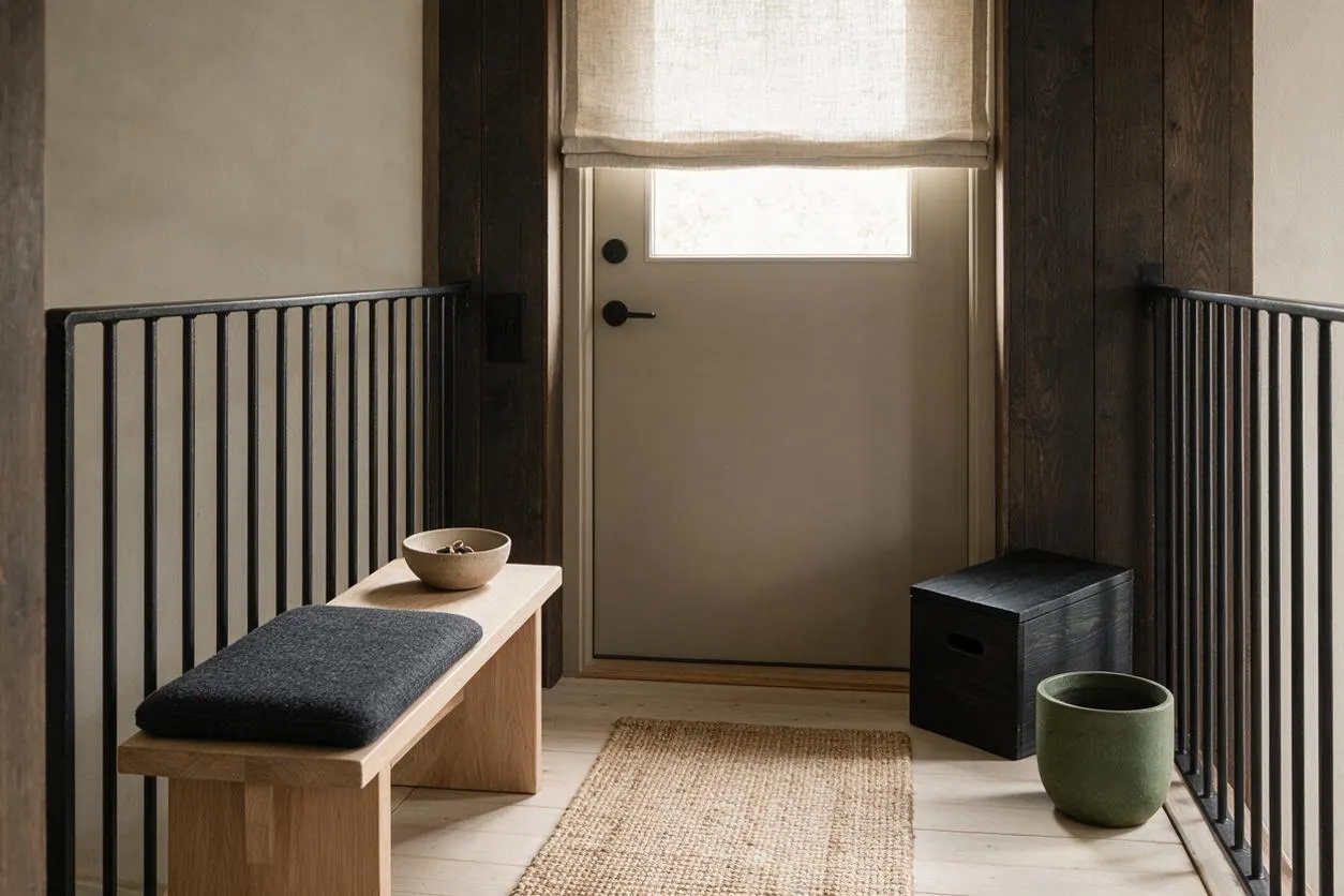 A narrow front porch styled in Japandi design with a light wood bench, dark cushion, woven jute runner, and simple ceramic bowls and planters. The space features a beige front door, dark wood wall panels, black metal railings, and a soft linen shade that filters daylight.