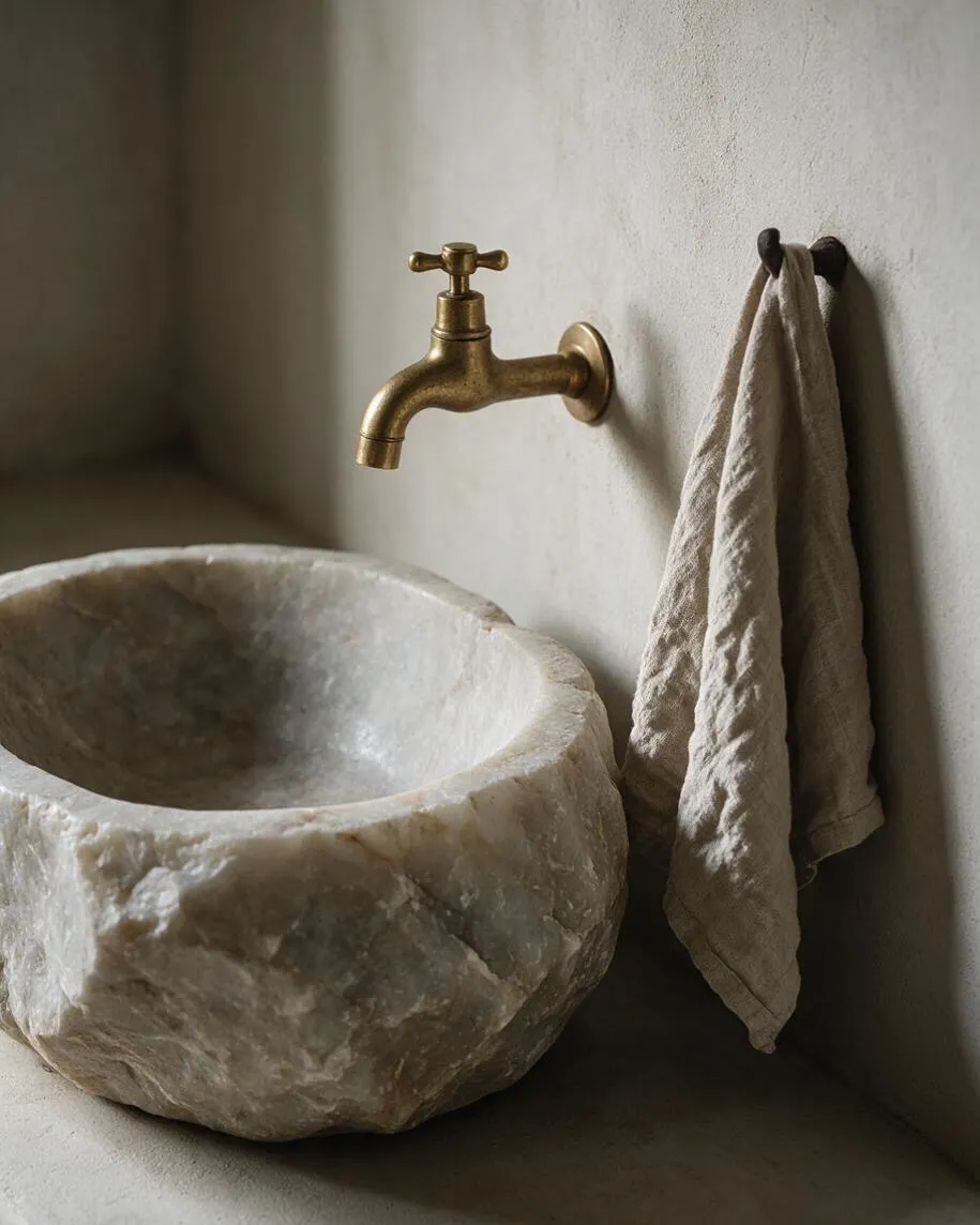 A rustic bathroom corner featuring a carved stone vessel sink with an irregular, rough-hewn surface, paired with a wall-mounted brass faucet. A soft beige linen towel hangs beside the sink against a textured off-white wall, creating a calm, natural Wabi-Sabi look.