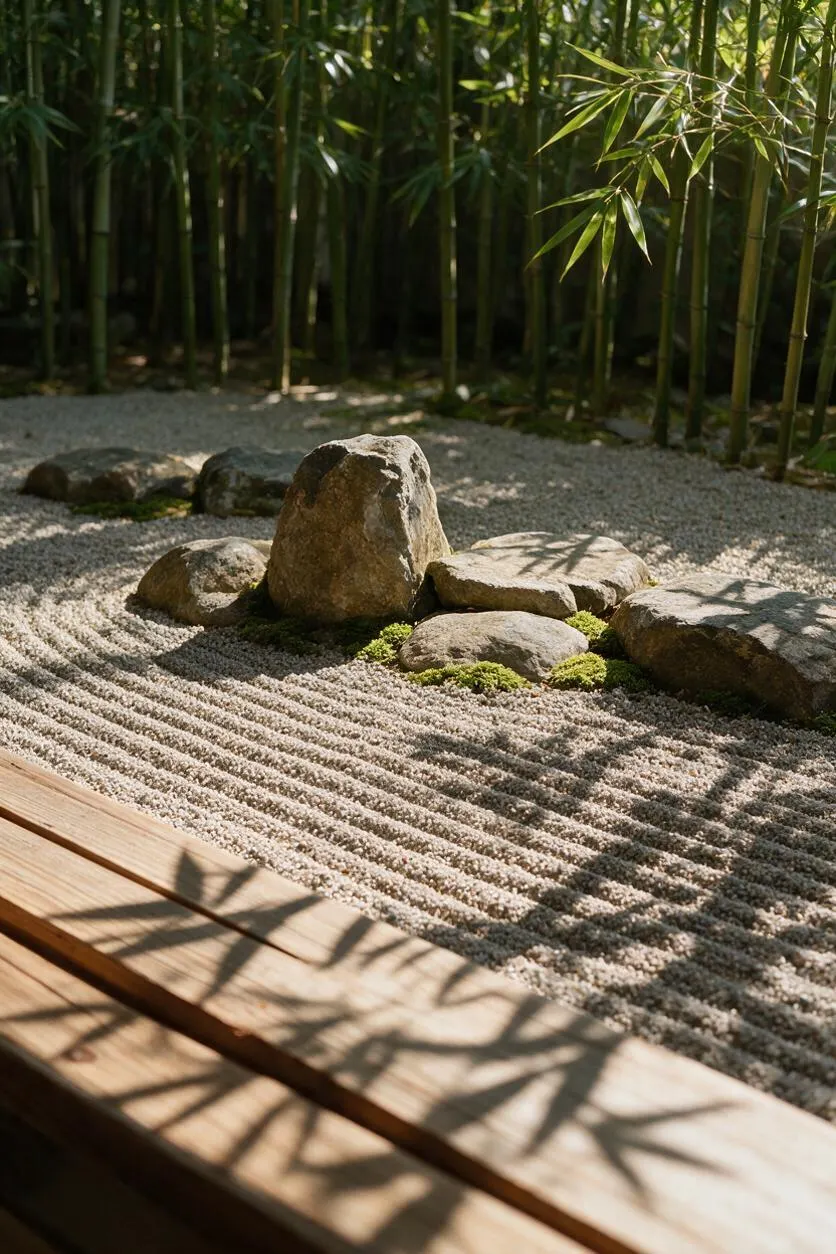 A Japanese Zen garden with a bed of raked gravel, several weathered rocks arranged in a calm composition, and a dense bamboo grove in the background. A wooden deck runs along the bottom edge, catching soft leaf shadows in warm sunlight.