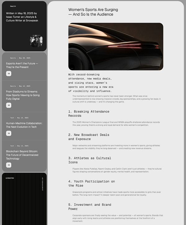 The image features a blog post discussing the surge in women's sports and its audience, accompanied by a sleek car design.