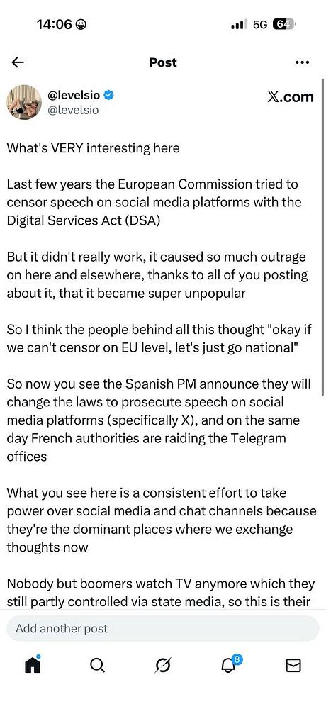 Screenshot of a Twitter post by "levelsio" discussing EU issues with an image of several European Union flags.