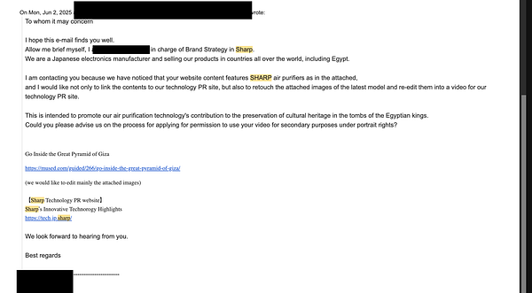 An email correspondence regarding licensing images related to the Great Pyramid of Giza.