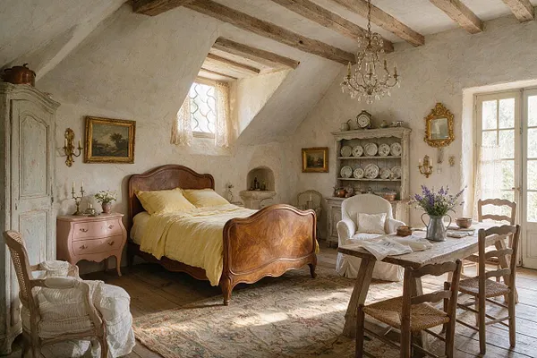 A French Country guest bedroom with a carved wooden bed dressed in pale yellow bedding, set under exposed ceiling beams and plastered walls. The room includes a pink bedside chest, vintage cabinet, delicate chandelier, upholstered chairs, a rustic dining table, and soft natural light from small windows and French doors.