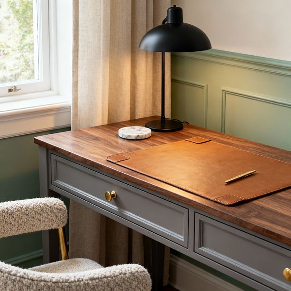 A transitional home office corner shows a gray desk with a walnut top and brass knobs, styled with a tan leather desk pad and a gold pen. A matte black dome desk lamp and a small round white marble coaster sit nearby, with beige linen curtains by a white-trimmed window. Sage green panel wainscoting meets warm white walls, and a cream bouclé chair is partially visible in the foreground.