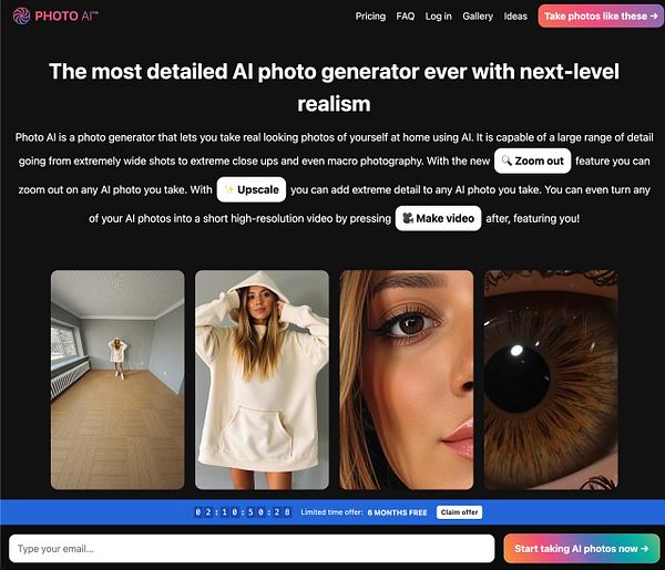 The image features a promotional webpage for an AI photo generator with various photo examples and a countdown timer for a limited offer.