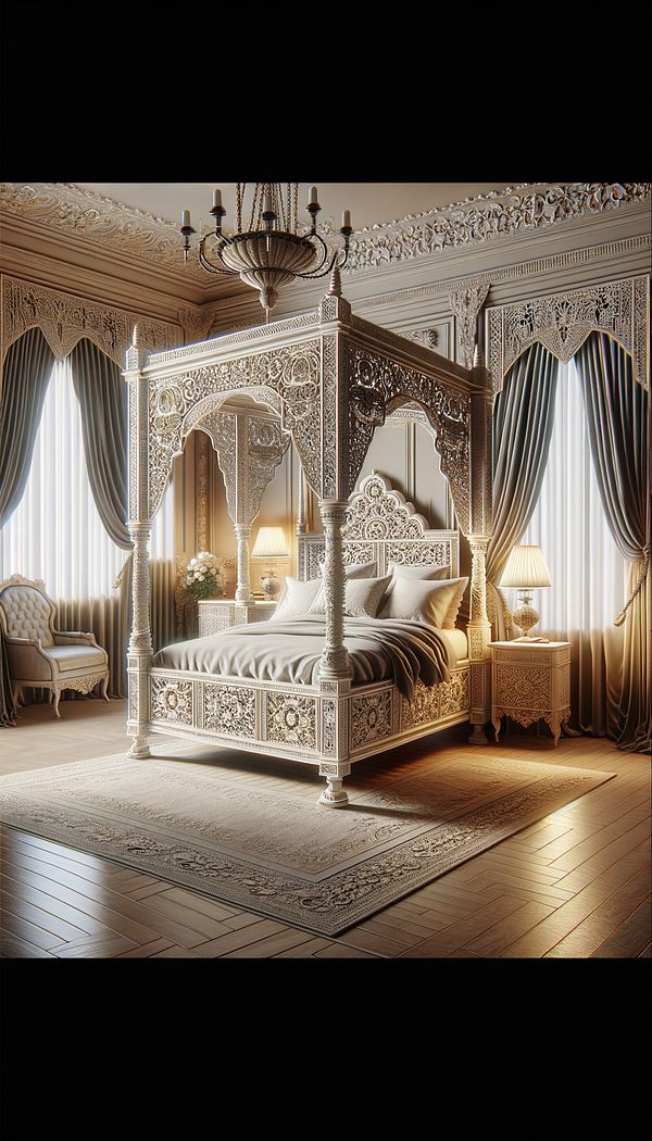 A beautifully detailed four-poster bed with rice carved posters, set against a softly lit, elegantly furnished bedroom.