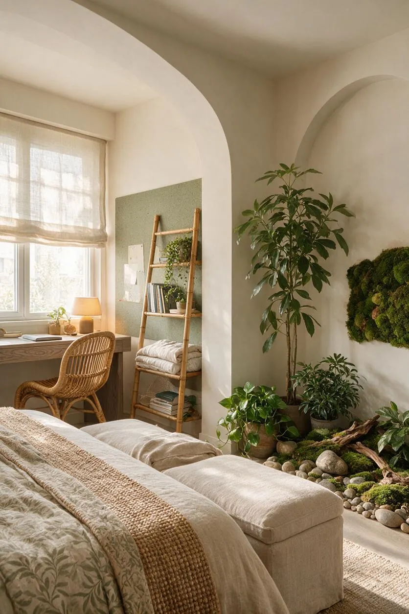 A cozy studio apartment with a bed in the foreground, a wicker chair at a wooden desk by a bright window, and arched wall niches painted in soft beige. Natural textures, many potted plants, a moss wall feature, and stones arranged like a miniature indoor garden create a calm biophilic atmosphere.